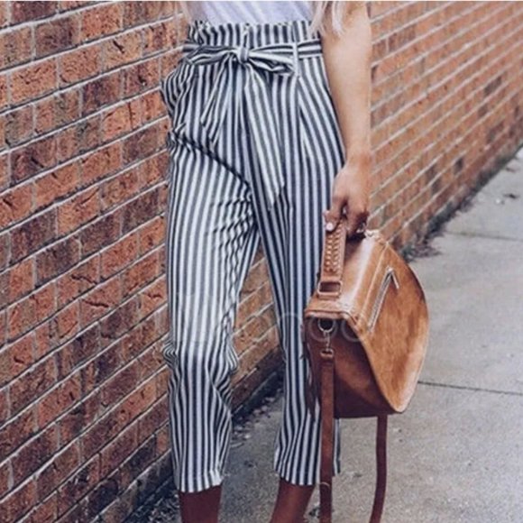 Zara High Waisted Striped Tie Front Poplin Paperbag Pants XS Business Casual - Picture 12 of 12